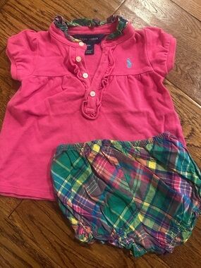 Ralph Lauren Pink Polo Top with Multicolor Plaid Bloomer Set